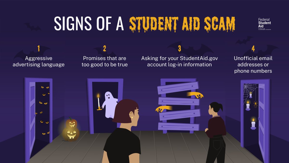 FAFSA's tweet photo. 👻 Bedsheet ghost? Scam!​

💰 Offering FAFSA® help for a fee? Also a scam!​

Make sure you know the signs of student aid scams so you can stay safe this spooky season, with our helpful article: https://t.co/XGjLhzvRkC https://t.co/xmFRcT3QGL