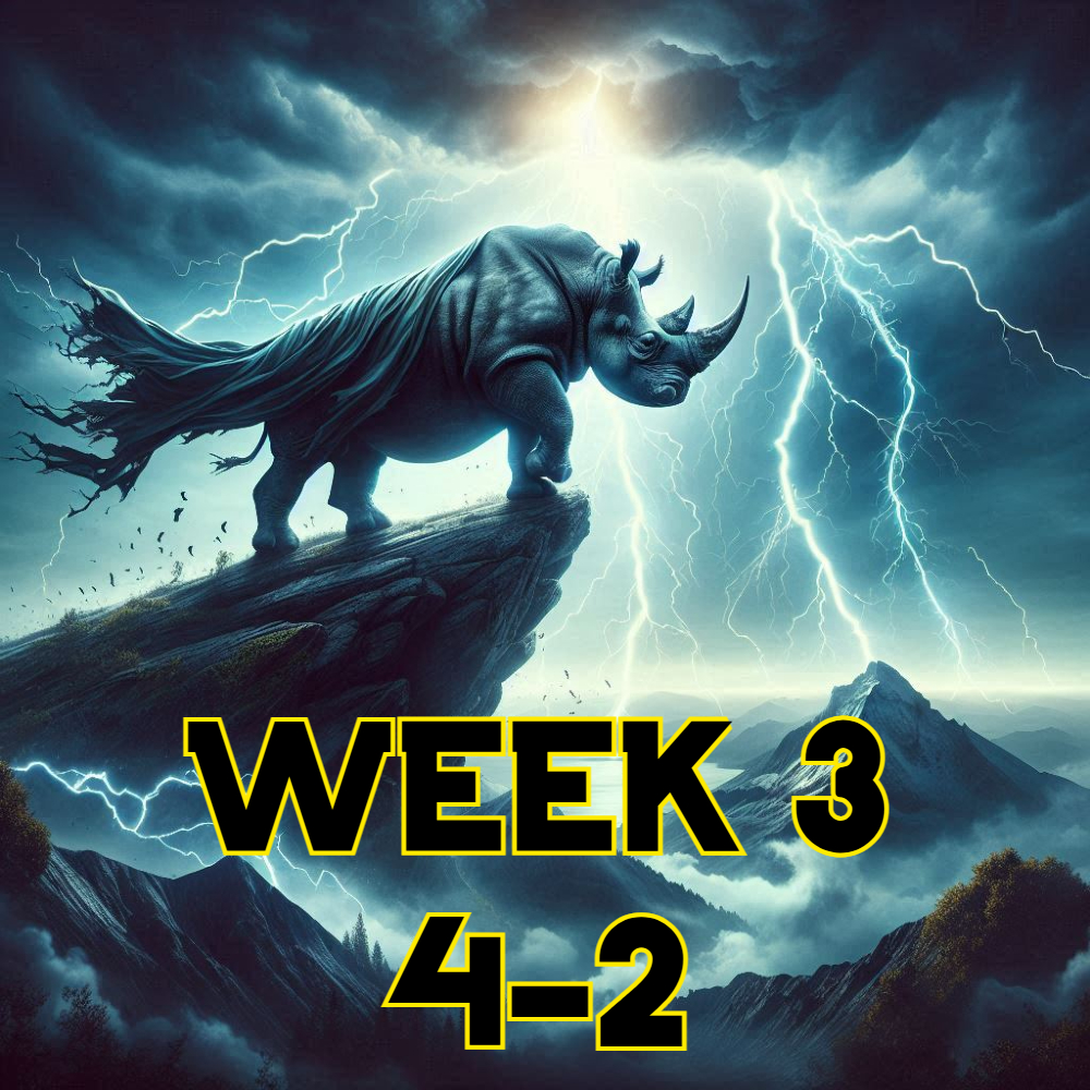 Week 3 done! Our current score is 4-2.
Both games this week were FFs.
Time to prep for the next challenge! 🦏