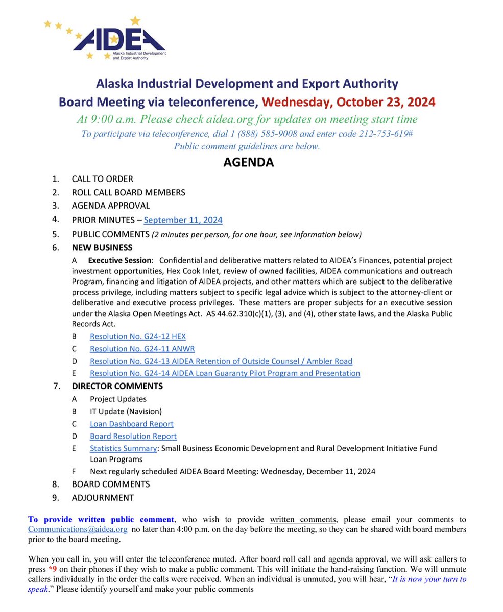 AIDEA is voting to approve $20M aimed for leases in the Arctic National Wildlife Refuge and legal fees. You can submit comments up to today, October 22 @ 4 pm and call in tomorrow, October 23 at 9 am