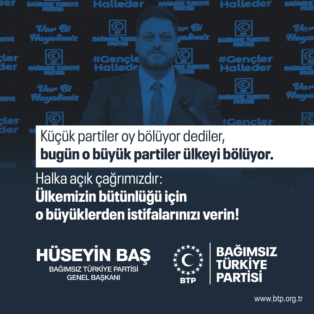 Halka açık çağrımızdır:
Ülkemizin bütünlüğü için o büyüklerden istifalarınızı verin!

Ülkemizi bölenlerin yanında değil, Atatürk'ün izinde birlik ve beraberlik için mücadele verenler ile birlikte olun.