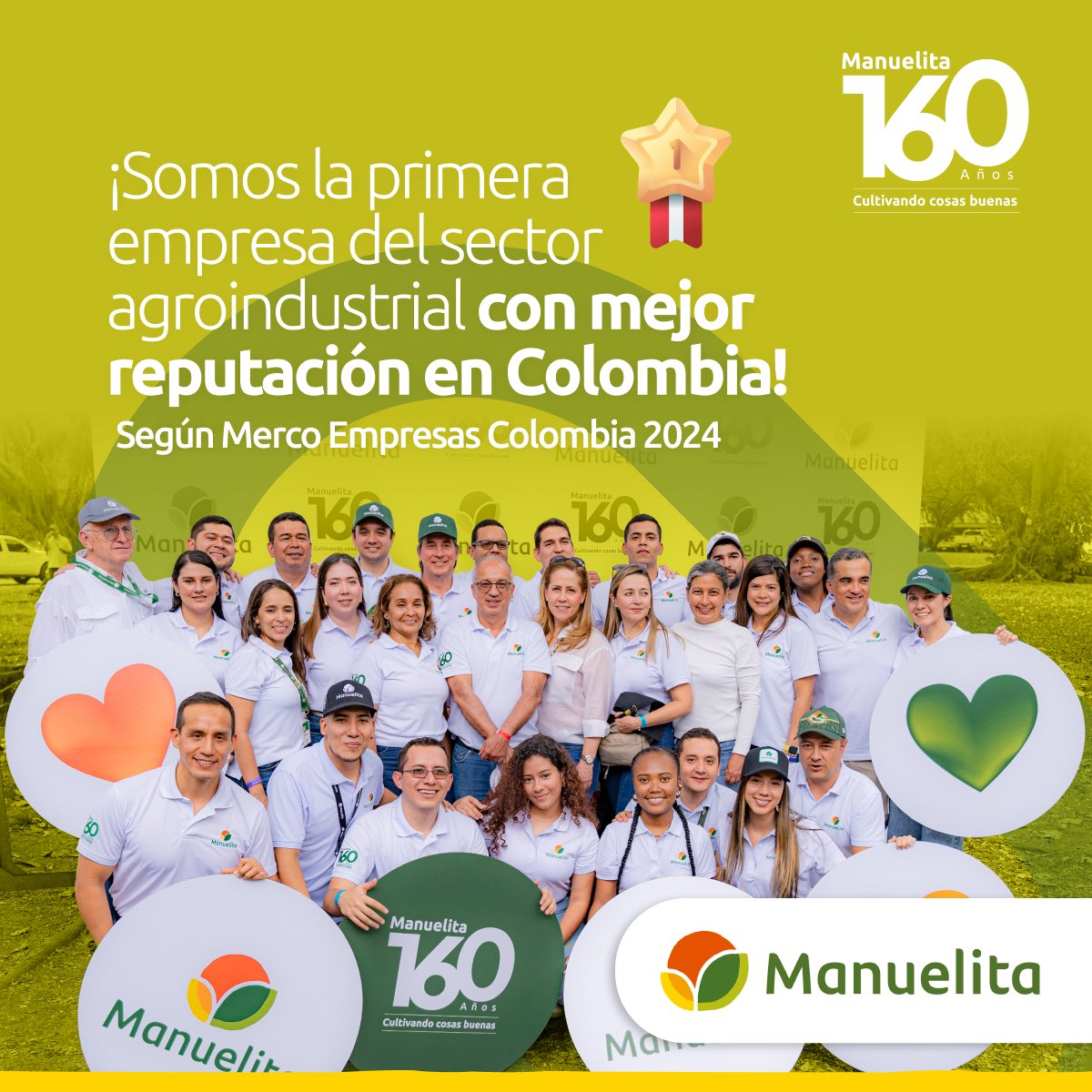 Manuelita160's tweet photo. Hoy celebramos que por 10 años consecutivos, nos consolidamos como la primera empresa del sector agroindustrial con mejor reputación en Colombia⭐, según @mercoranking Empresas Colombia 2024.🔝🎉👏

¡#Manuelita, 160 años cultivando cosas buenas! 🧡💚💛

#MercoEmpresasColombia https://t.co/s2CbHycvZz