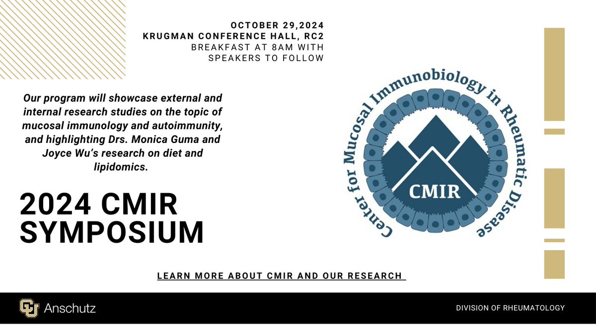 Are you coming? 
One week until our annual CMIR (Center for Mucosal Immunology and Rheumatic Disease Pathogenesis) Symposium! 
featuring our Keynote Speakers: Drs. Monica Guma and Joyce
October 29, 8:00am-12:00pm
Krugman Conference Hall, RC2 📍
See you there!