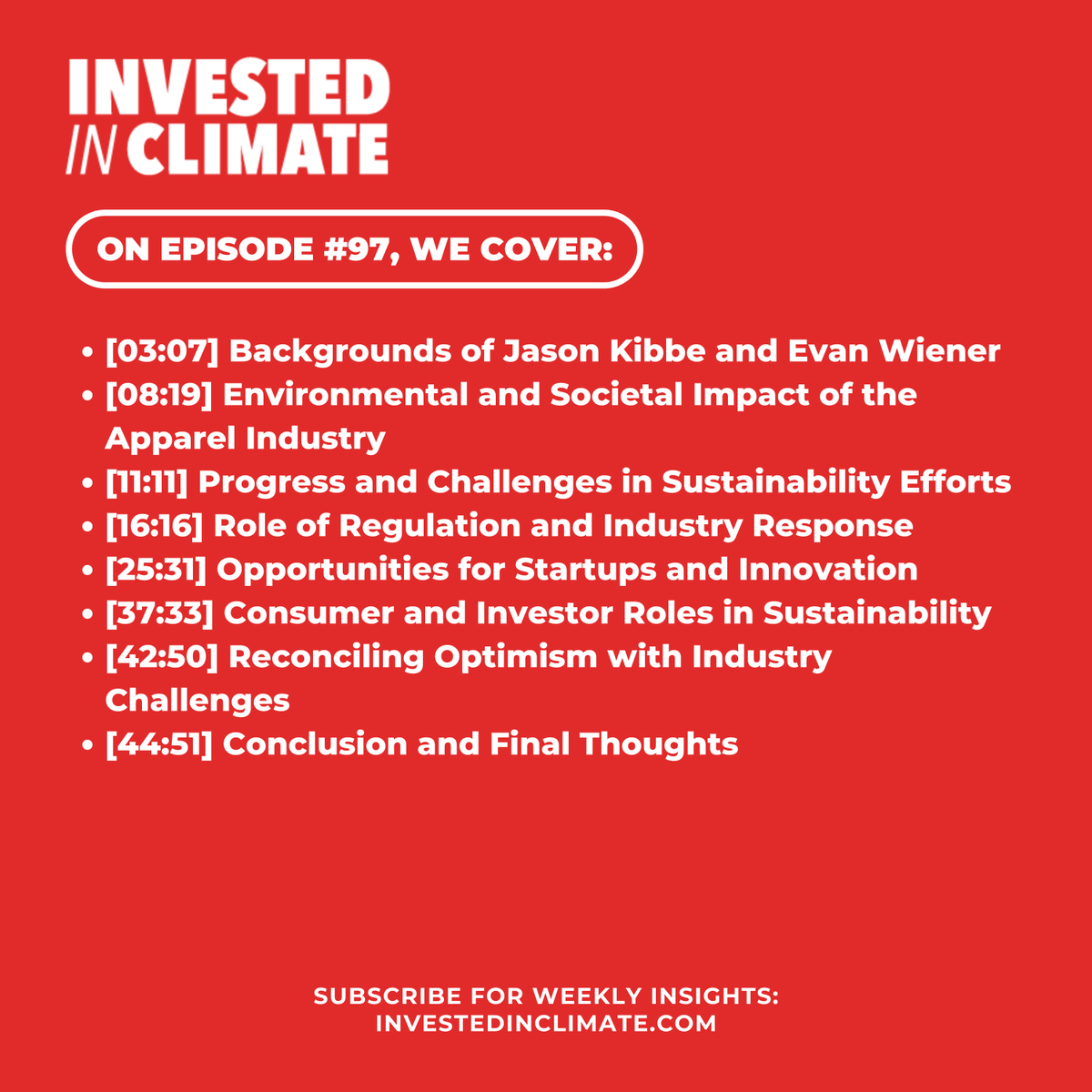 The apparel industry drives 3-8% of global carbon emissions and remains a major water consumer. Experts Jason Kibbey &amp; Evan Wiener discuss sustainability challenges and the urgent need for change. 🎧 Ep #97: investedinclimate.com/podcast/can-fa……… #Sustainability #Fashion