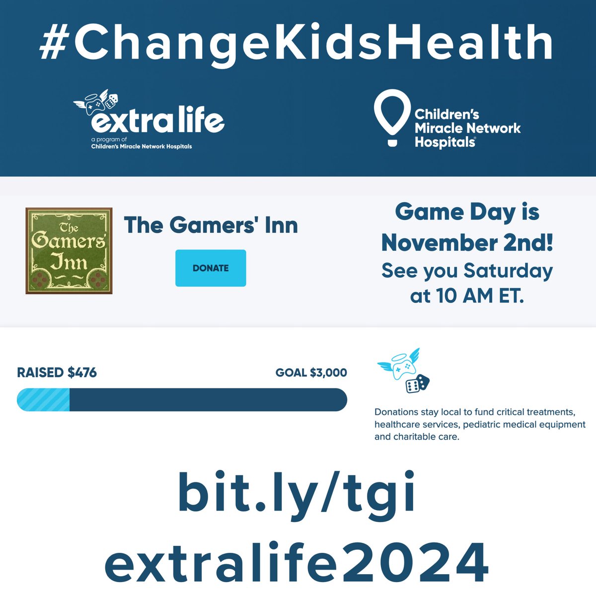 The Gamers' Inn (@thegamersinn) on Twitter photo Game Day is just under two weeks away! On Saturday, November 2nd join <a href="/JocePlays/">Jocelyn Kearney</a> and <a href="/RMurphy/">Ryan Murphy</a> from 10 AM to 11 PM ET for a day of gaming in support of <a href="/ExtraLife4Kids/">Extra Life</a>.
Watch: twitch.tv/joceplays
Donate: extra-life.org/team/thegamers… Game Day is just under two weeks away! On Saturday, November 2nd join <a href="/JocePlays/">Jocelyn Kearney</a> and <a href="/RMurphy/">Ryan Murphy</a> from 10 AM to 11 PM ET for a day of gaming in support of <a href="/ExtraLife4Kids/">Extra Life</a>.
Watch: twitch.tv/joceplays
Donate: extra-life.org/team/thegamers…
