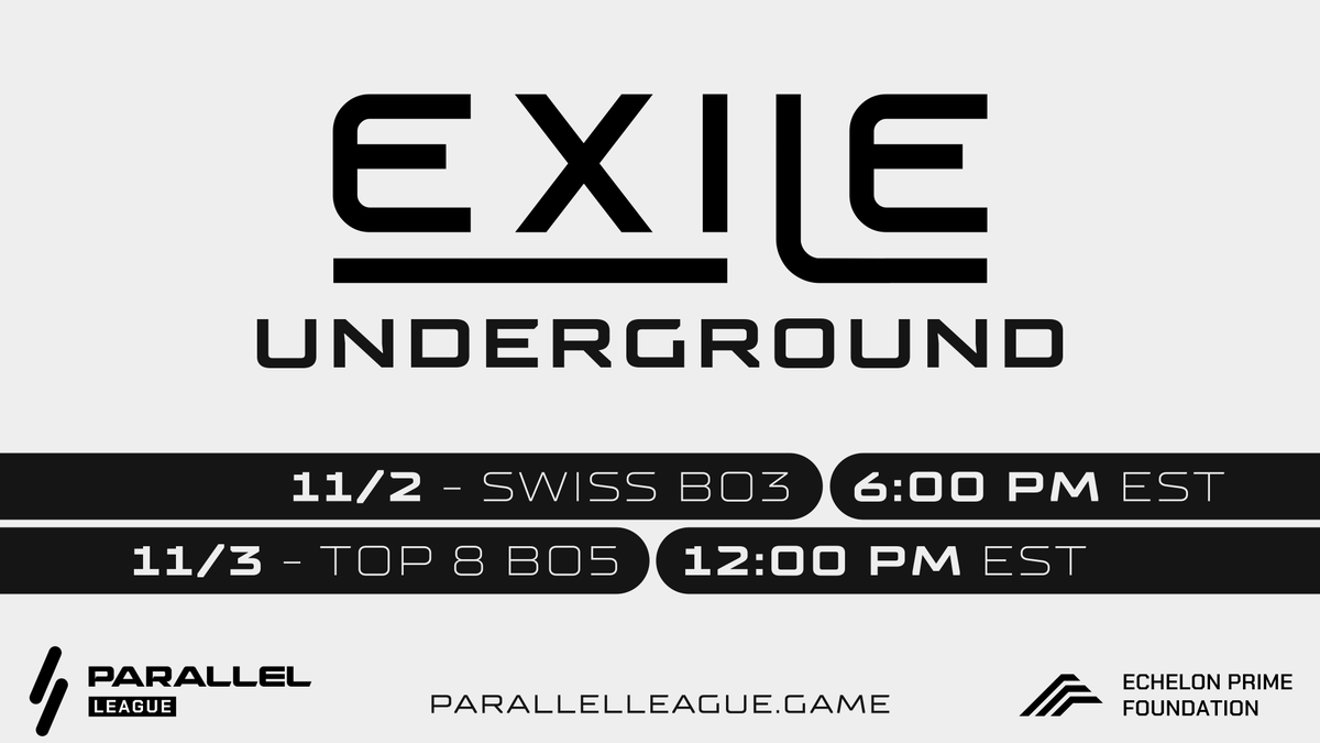exile_xyz's tweet photo. 🚨 Get ready for the Exile Underground $10K @Parallel_League Event, powered by @EchelonFND !🚨

🗓️ 11/2 - Swiss Bo3 @ 6:00 PM EST
🗓️ 11/3 - Top 8 Bo5 @ 12:00 PM EST
Compete, watch, and witness the best TCG players battle it out! 🔥

🔗 More info: https://t.co/0AEcP4UhLz https://t.co/rAZ4BXfF3q
