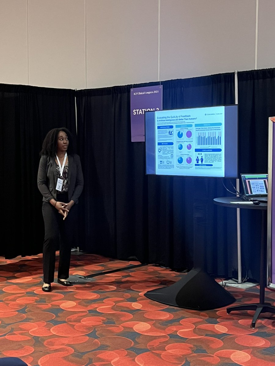 Cait Silvestri (@caitsilvestri) on Twitter photo <a href="/NwigweViemma/">Viemma Nwigwe, MD</a> with a 2nd presentation at #ACSCC2024! We objectively evaluated AI versus human-generated composite narrative for surgery clerkship students.
TLDR - using the QuAL score, AI was non-inferior to human-generated composites, and often times was superior! <a href="/NwigweViemma/">Viemma Nwigwe, MD</a> with a 2nd presentation at #ACSCC2024! We objectively evaluated AI versus human-generated composite narrative for surgery clerkship students.
TLDR - using the QuAL score, AI was non-inferior to human-generated composites, and often times was superior!