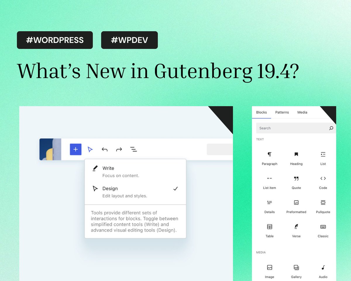 trewknowledge's tweet image. The Gutenberg 19.4 update brings exciting new features! You can now toggle between Write mode for distraction-free writing and Design mode for full access to layout options. 

Check out @cbravobernal&apos;s post for details!
🔗 ow.ly/zo1S50TM5hE
#WordPress #blockeditor #WPdev