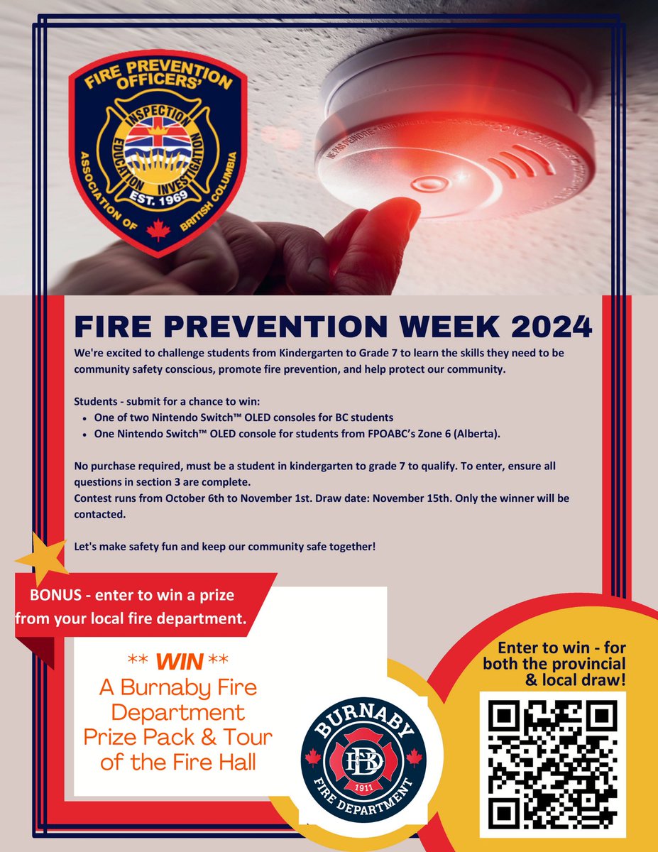 Burnaby Fire Department PIO/PEO (@burnabyfirepio) on Twitter photo Fire Prevention Week 2024 contest open to all Burnaby students Kindergarten to Grade 7 scan the code or click the link forms.office.com/pages/response…
<a href="/SD41marlborough/">École Marlborough Elementary</a> <a href="/Sd41Windsor/">Windsor Elementary</a> <a href="/uhe_sd41/">University Highlands</a> <a href="/BurnabyAbEd/">Indigenous Education Burnaby Schools (SD41)</a> <a href="/TaylorPark_SD41/">Taylor Park Elementary School Burnaby</a> <a href="/burnabyschools/">Burnaby Schools</a> <a href="/lochdaleSD41/">Lochdale Community School</a> <a href="/CityofBurnaby/">City of Burnaby</a> Fire Prevention Week 2024 contest open to all Burnaby students Kindergarten to Grade 7 scan the code or click the link forms.office.com/pages/response…
<a href="/SD41marlborough/">École Marlborough Elementary</a> <a href="/Sd41Windsor/">Windsor Elementary</a> <a href="/uhe_sd41/">University Highlands</a> <a href="/BurnabyAbEd/">Indigenous Education Burnaby Schools (SD41)</a> <a href="/TaylorPark_SD41/">Taylor Park Elementary School Burnaby</a> <a href="/burnabyschools/">Burnaby Schools</a> <a href="/lochdaleSD41/">Lochdale Community School</a> <a href="/CityofBurnaby/">City of Burnaby</a>
