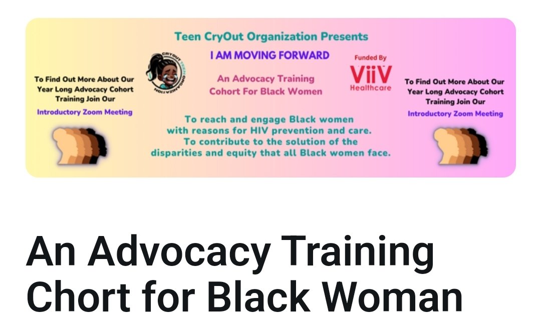 Pozitively Dee (@davinaconner) on Twitter photo Oct 23, 2024, 3:00 pm in Central Time
CryOut Teen Organization Presents: I Am Moving Forward A year-long training program designed for Black women and Black trans women who are new to advocacy. <a href="/ViiVUS/">ViiV Healthcare US</a> Register for our introductory meeting today!
us06web.zoom.us/meeting/regist… Oct 23, 2024, 3:00 pm in Central Time
CryOut Teen Organization Presents: I Am Moving Forward A year-long training program designed for Black women and Black trans women who are new to advocacy. <a href="/ViiVUS/">ViiV Healthcare US</a> Register for our introductory meeting today!
us06web.zoom.us/meeting/regist…