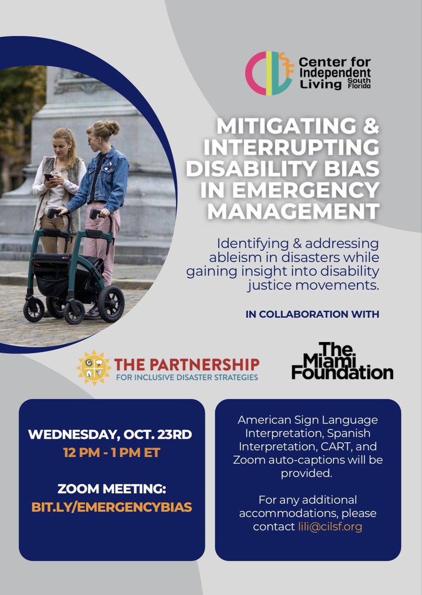 Join us on October 23rd from 12pm to 1 pm ET for a training with <a href="/disasterstrat/">The Partnership for Inclusive Disaster Strategies</a> on addressing ableism in disasters while gaining insight into disability justice movements.

ASL &amp; Spanish Interpretation, CART, and Zoom auto-captions will be provided.

bit.ly/emergencybias