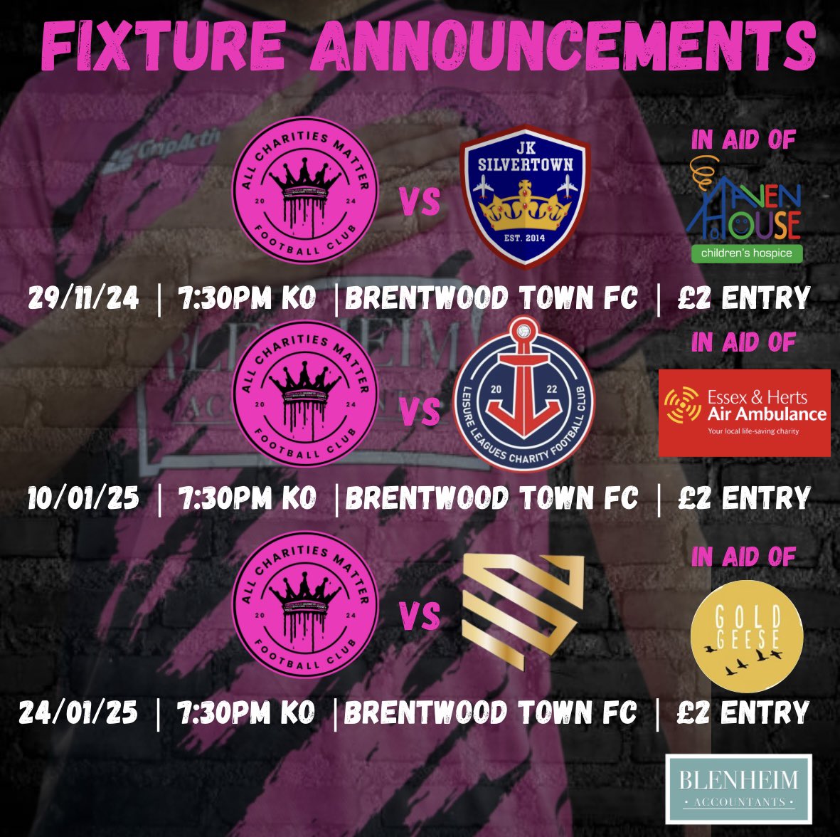 All Charities Matter FC (@acmattersfc) on Twitter photo π¨ Fixtures Announcements π¨
(29/11) vs <a href="/JKSILVERTOWNFC/">JK SILVERTOWN FC</a> in aid of <a href="/HavenHouseCH/">Haven House</a>
(10/01) vs <a href="/LLCFC22/">Leisure Leagues Charity Football Club πβ€οΈ</a> in aid of <a href="/EHAAT_/">ehaat_</a>
(24/01) vs <a href="/essexcharityfc/">Essex Charity FC</a> in aid of Gold Geese
We welcome everyone to attend as we hope to raise money and awareness for these amazing local causes π©·π€ π¨ Fixtures Announcements π¨
(29/11) vs <a href="/JKSILVERTOWNFC/">JK SILVERTOWN FC</a> in aid of <a href="/HavenHouseCH/">Haven House</a>
(10/01) vs <a href="/LLCFC22/">Leisure Leagues Charity Football Club πβ€οΈ</a> in aid of <a href="/EHAAT_/">ehaat_</a>
(24/01) vs <a href="/essexcharityfc/">Essex Charity FC</a> in aid of Gold Geese
We welcome everyone to attend as we hope to raise money and awareness for these amazing local causes π©·π€