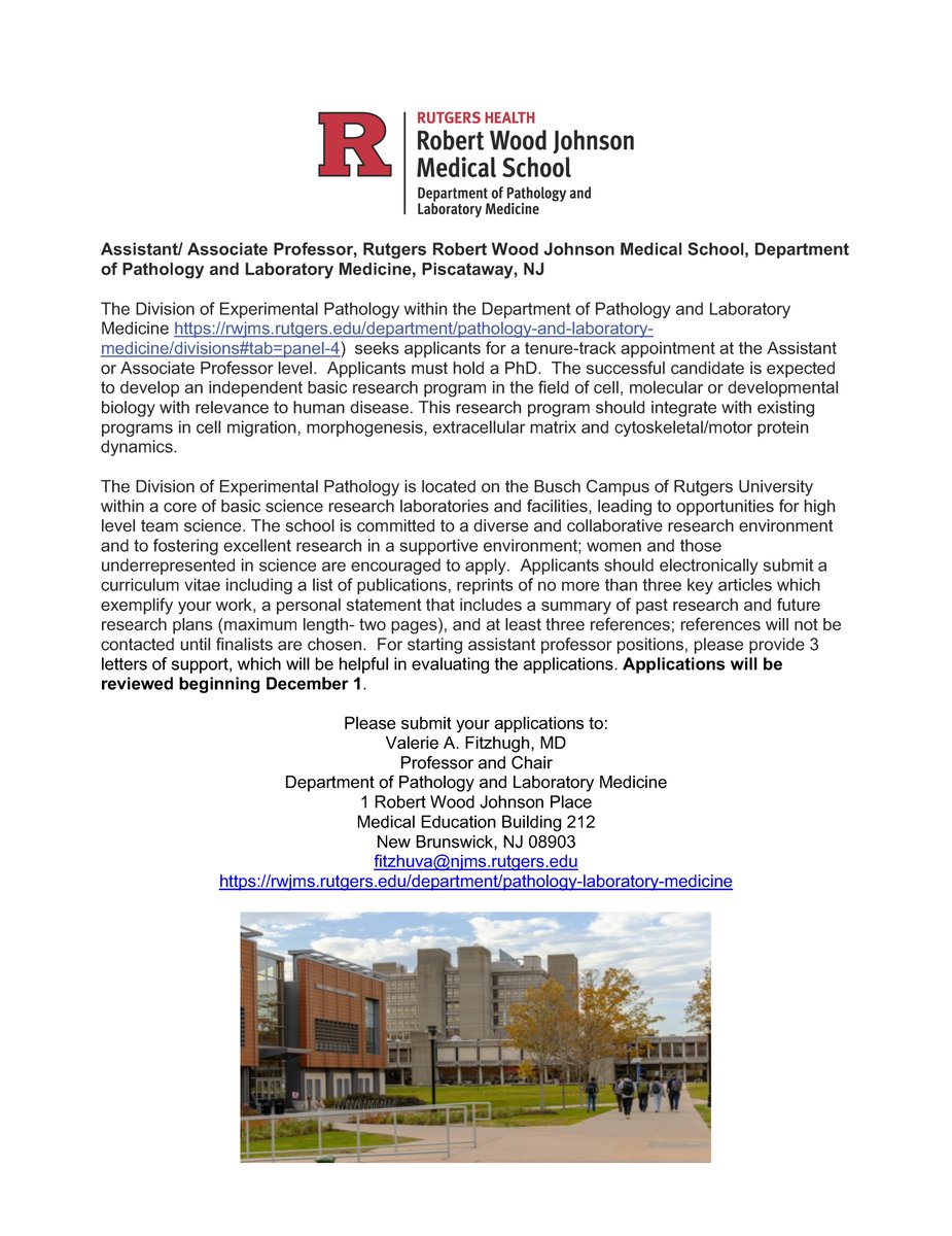 Our Department rwjms.rutgers.edu/department/pat… at Rutgers is hiring! Tenure-track faculty in Cell, Molecular and Developmental Biology -RWJMS, Piscataway, NJ. See attached ad for details. Applications will be reviewed beginning Dec. 1, 2024. rwjms.rutgers.edu/department/pat…