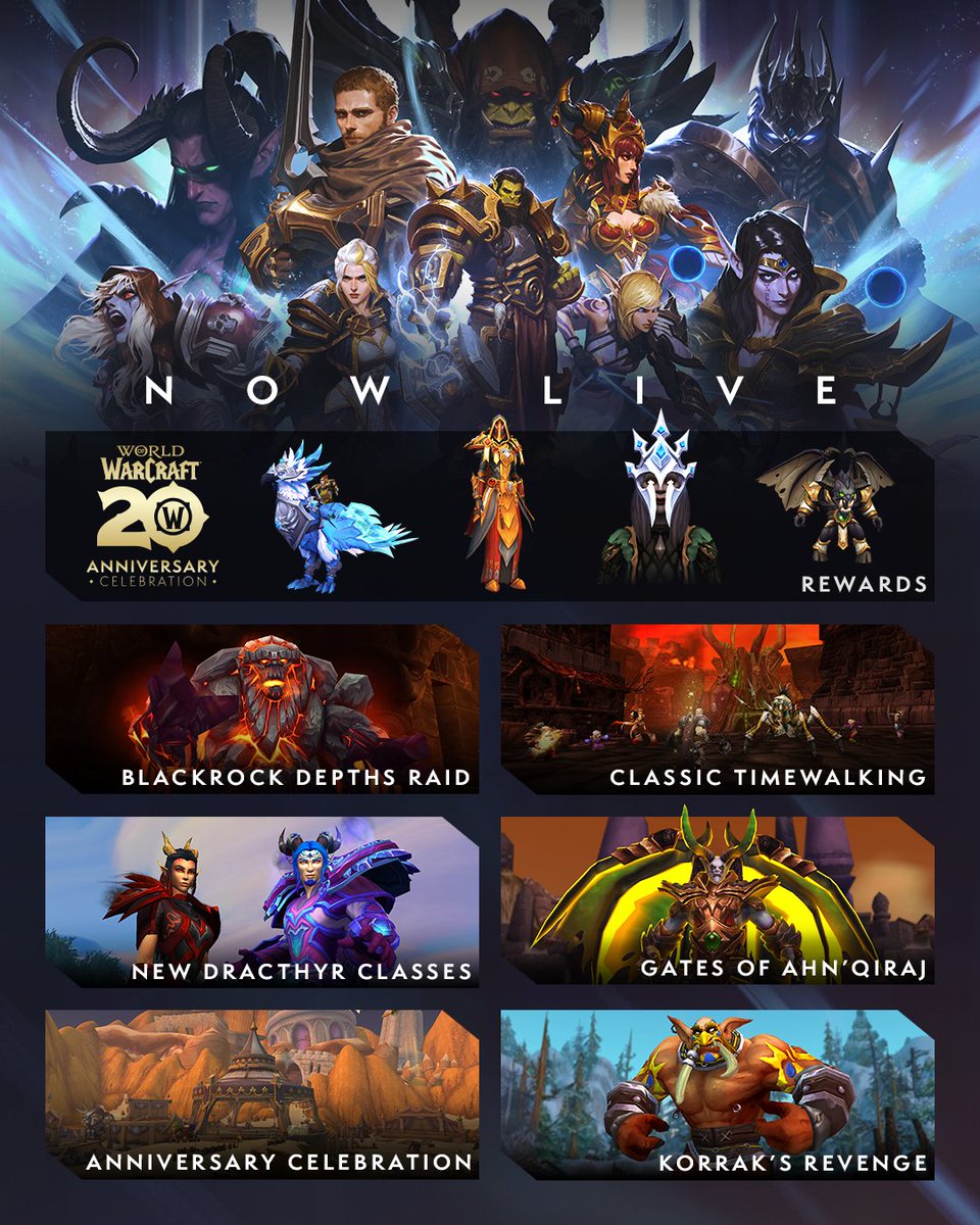 Warcraft's tweet image. The Anniversary Celebration is now live!