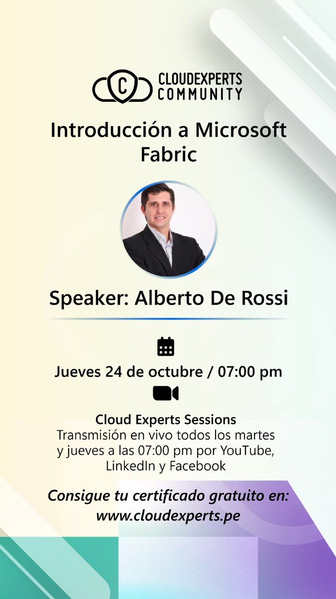 albertoderossi's tweet image. ✍🏻 Registro meetup.com/cloudexpertsc
🏅 Certificado cloudexperts.pe
🔔 Notificaciones url-l.com/wp-ces
📢 Transmisión youtube.com/c/CloudExperts…
📢 Transmisión linkedin.com/company/cloud-…
📢 Transmisión facebook.com/cloudexpertsc