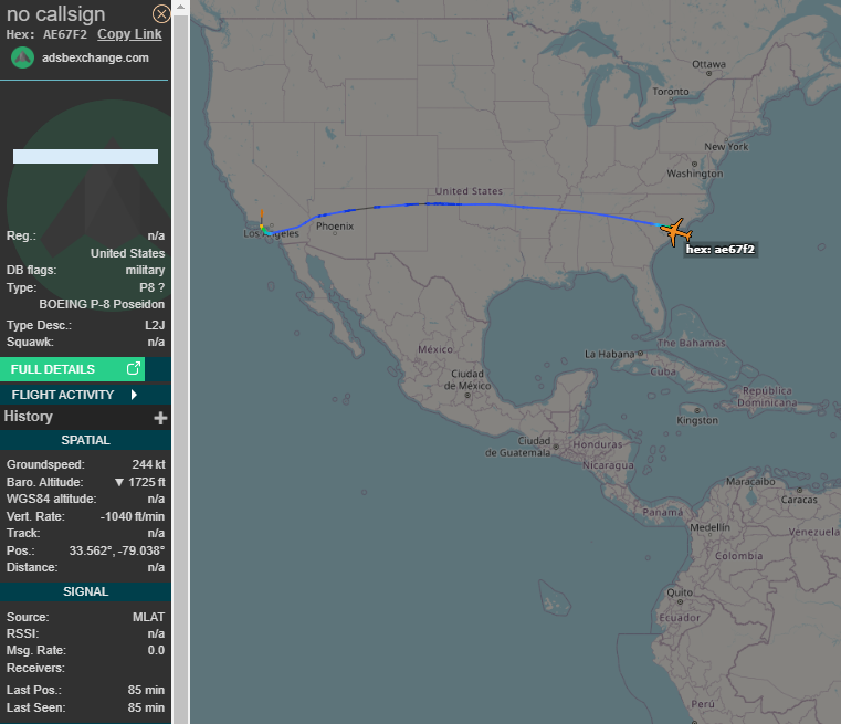 SR_Planespotter's tweet photo. Interesting flight from P-8A 170016 #AE6A3D using #AE67F2 from KNTD ( NAS Mugu ) to KMYR ( Myrtle Beach ).
Its only done three flights since returning from Waco after modifications. https://t.co/OeCD3CDnBi