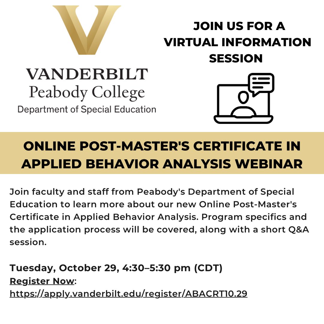 VUSPED1's tweet photo. Webinar alert! 🔔 We’re just 1 week out from our final Online Certificate in ABA virtual information session of the fall semester. 🍂 Register today or message us if you can’t attend but would like a recording. #VUSPED https://t.co/ZEAl6YKRnm