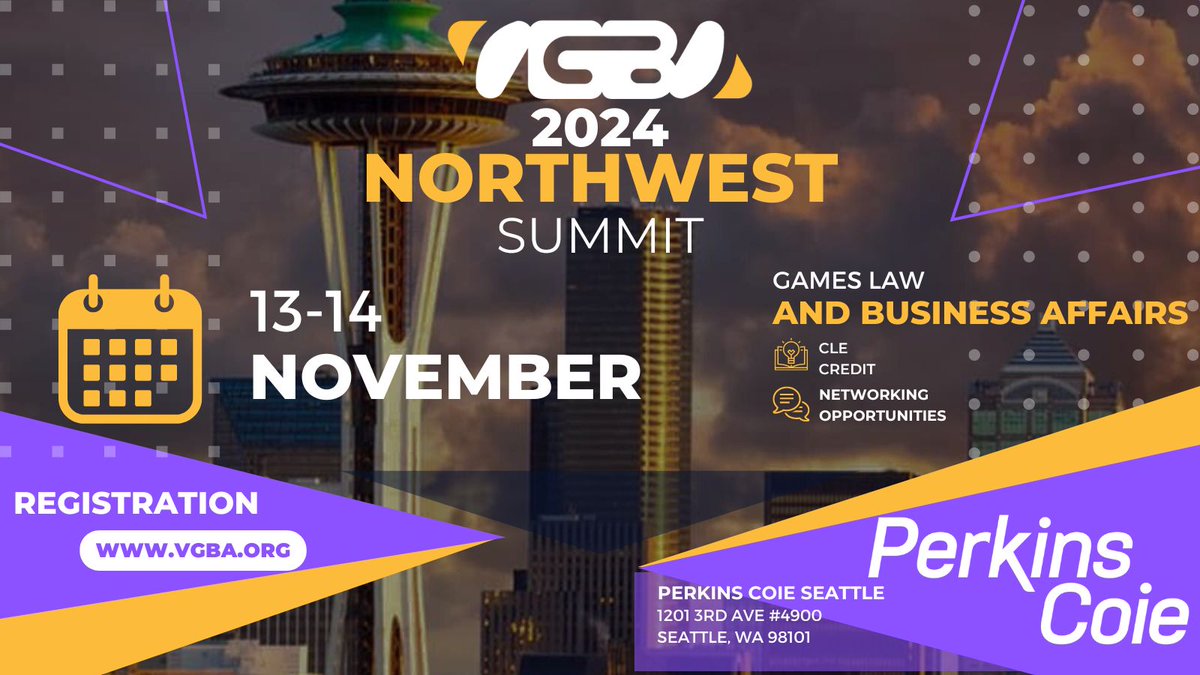 The Video Game Bar Association (@videogamebar) on Twitter photo Only 23 tickets remain for the <a href="/VideoGameBar/">The Video Game Bar Association</a> Association's Northwest Summit. To buy tickets and see agenda topics, visit buytickets.at/vgba/1048947. Special thanks to our host and sponsor <a href="/PerkinsCoie/">Perkins Coie</a> Only 23 tickets remain for the <a href="/VideoGameBar/">The Video Game Bar Association</a> Association's Northwest Summit. To buy tickets and see agenda topics, visit buytickets.at/vgba/1048947. Special thanks to our host and sponsor <a href="/PerkinsCoie/">Perkins Coie</a>
