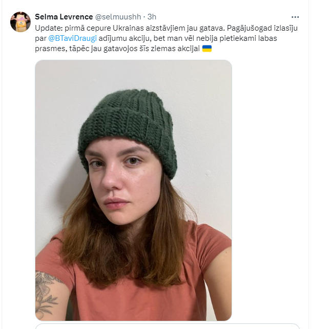 <a href="/ElinaOgsta/">Elina Ogsta 🇱🇻🇺🇦</a> Selma prasa naudu, lai ziedotu foto redzamo cepuri.