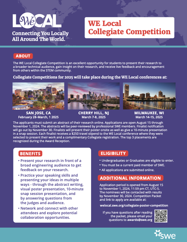 SWEtalk's tweet photo. Join the WE Local Collegiate Competition! Your invaluable insight and work might just inspire others in the STEM community.
Undergraduates, Graduates, and current paid SWE members are all welcome!
Apply here by November 1st: https://t.co/lZ8JDXUlv5
#WELocal #WELocal2025 https://t.co/FV8zJI4B7B