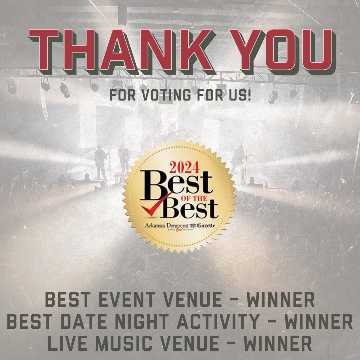 THANK YOU for voting for us because we've WON Best Event Venue, Best Date Night Activity &amp; Best Place to Hear Live Music!!! We love you all so much. Let's keep the party going 💋