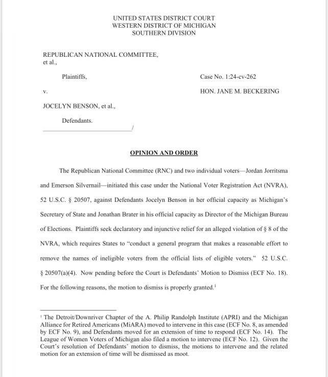 False and misleading claims about our elections may make salacious social media posts. But they don’t hold up in court.

And today we won, again. 

I’m grateful that the US District Court today validated our vigorous work to maintain the accuracy of Michigan’s voter rolls in