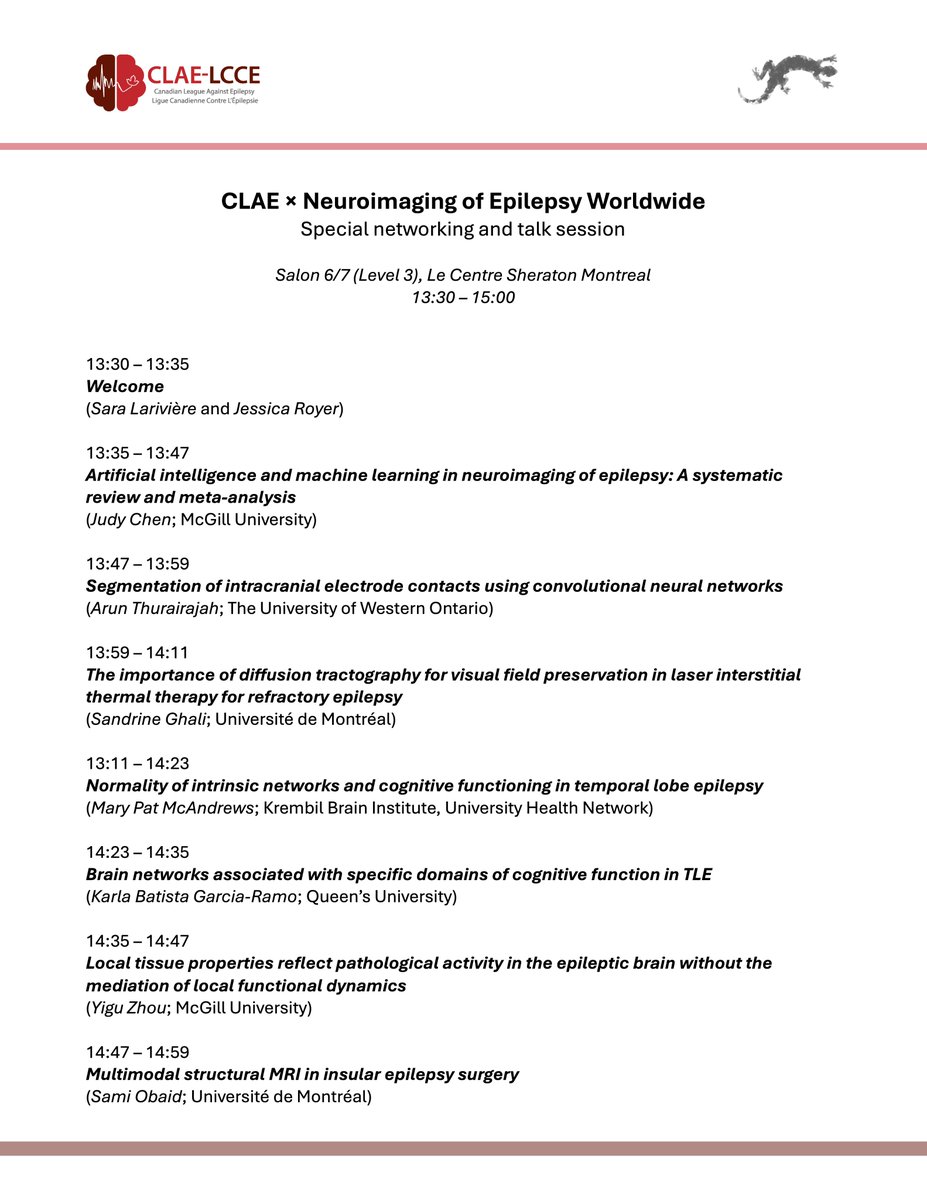 NEWepilepsy's tweet image. Attending #CLAE2024 in Montreal?

Join us for our special networking and talk session on AI, brain networks, neuroimaging, and epilepsy surgery!

📅 Sunday, October 27th | 1:30 – 3:00 p.m.
📍 Le Centre Sheraton Montreal, Salon 6/7 (Level 3)