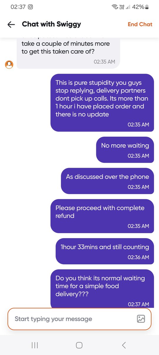 ankie1510's tweet photo. @Swiggy is this how you guys work?? Your phone lines doesn't go through, chat Representative dont feel like replying delivery partners dont want to deliver! 1hr 40 mins and still counting is it normal waiting time??? https://t.co/cyg2kcwOUx