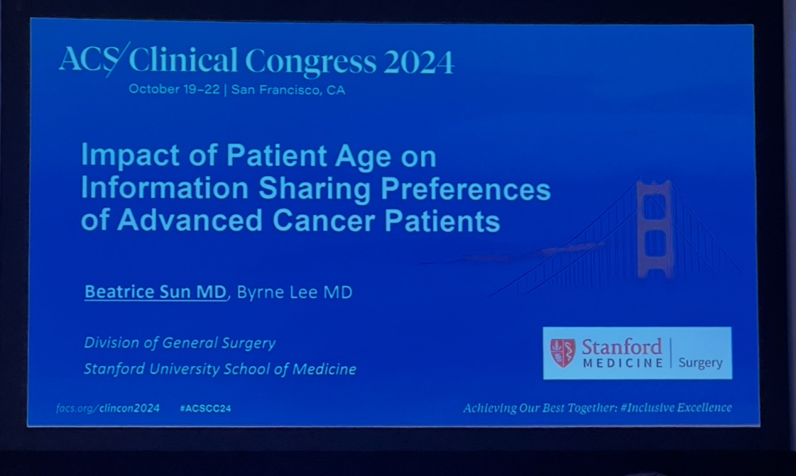 Stanford Surgery (@stanfordsurgery) on Twitter photo “Impact of Patient Age on Information-Sharing Preferences of Advanced Cancer Patients” by
<a href="/BeatriceSunMD/">Beatrice Sun</a> <a href="/OpNotes/">SUSurgeryResidency</a> #ACSCC24 “Impact of Patient Age on Information-Sharing Preferences of Advanced Cancer Patients” by
<a href="/BeatriceSunMD/">Beatrice Sun</a> <a href="/OpNotes/">SUSurgeryResidency</a> #ACSCC24