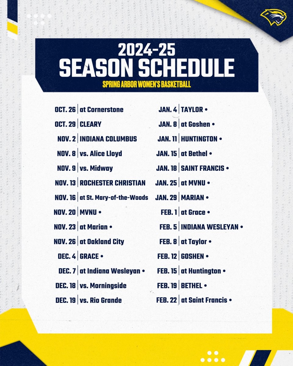Spring Arbor Athletics (@saucougars) on Twitter photo 🏀 | Mark those calendars 👀🗓️
<a href="/SAUCougarsWBB/">Spring Arbor Women's Basketball</a> opens the season on the road Saturday at Cornerstone!
🔗 saucougars.com/sports/wbball/… 🏀 | Mark those calendars 👀🗓️
<a href="/SAUCougarsWBB/">Spring Arbor Women's Basketball</a> opens the season on the road Saturday at Cornerstone!
🔗 saucougars.com/sports/wbball/…