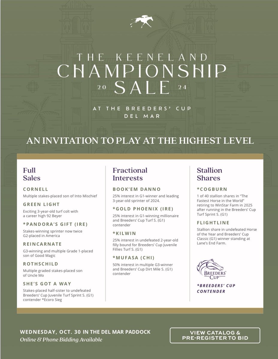 The <a href="/keenelandsales/">Keeneland Sales</a> Championship Sale 👑 View catalog &amp; pre-register to bid: championship.keeneland.com/#details