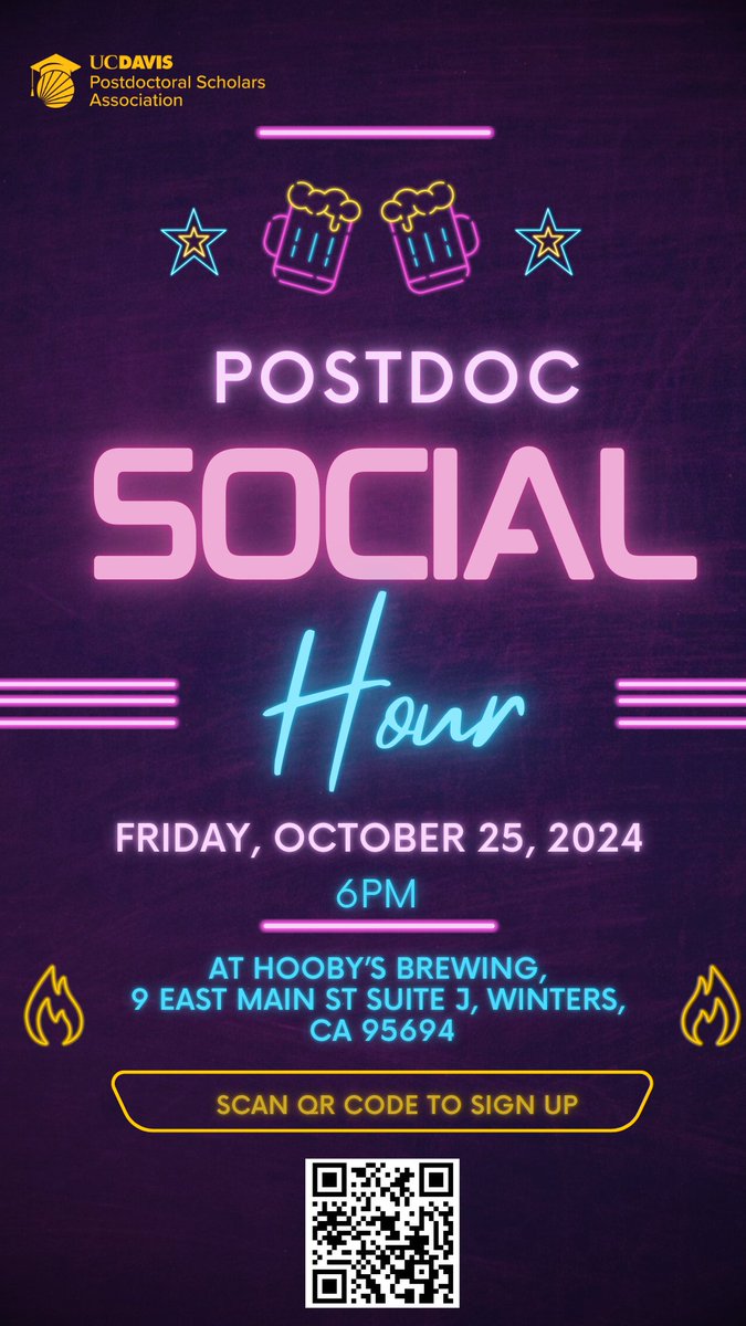 UCDavisPostdocs's tweet image. Yaaaay! Our monthly postdoc social is this Friday. It will be an evening with good vibes, drinks, great company and some friendly competition of cornhole games. Check out the flyer. Remember to scan the QR code to sign up. See you there! 😎💃 #postdocsocial #ucdavispostdocs