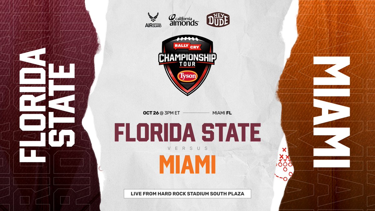 Rally Cry (@teamrallycry) on Twitter photo The Rally Cry Championship Tour, presented by <a href="/TysonBrand/">Tyson Brand</a>, is taking the energy to one of college football’s most iconic atmospheres in Florida! 🎮🏈
#CFB25 | #NoleFamily | #ItsAllAboutTheU The Rally Cry Championship Tour, presented by <a href="/TysonBrand/">Tyson Brand</a>, is taking the energy to one of college football’s most iconic atmospheres in Florida! 🎮🏈
#CFB25 | #NoleFamily | #ItsAllAboutTheU