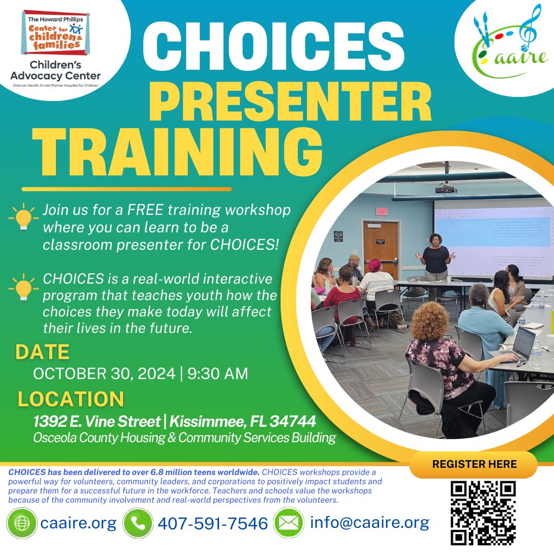 🌟 Join us for a FREE Presenter Training Workshop for CHOICES on Oct 30th at 9:30 AM! 🌟Learn to empower the next generation through Smart CHOICES.

📅October 30, 2024 | 9:30 AM 
📍1392 E. Vine Street, Kissimmee, FL 
#freeworkshop #youthempowerment #ChoicesProgram #caairecares