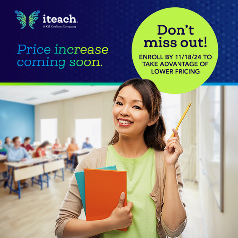 Ready to start your teaching journey? Don’t miss out on the opportunity to save $500! 📚

Our program fee will increase on November 18th, but there’s still time to lock in our current pricing. Apply and enroll today to secure your spot.

➡️ iteach.net/apply