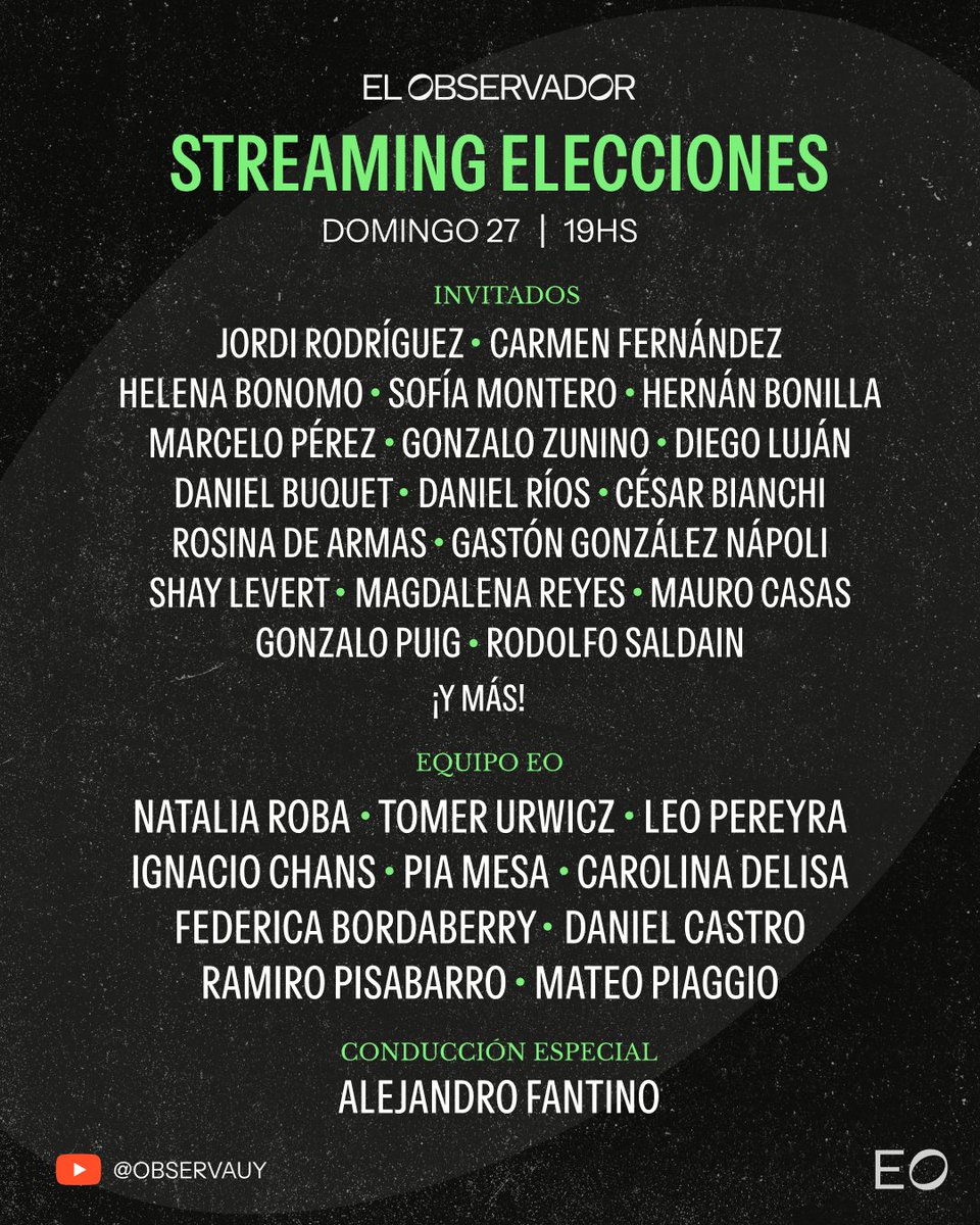 El Observador Uruguay (@observadoruy) on Twitter photo 📹🇺🇾 STREAMING ELECCIONES
🗳 Con la conducción de <a href="/fantinofantino/">Alejandro Fantino</a>, El Observador tendrá un streaming en vivo desde la redacción para seguir la cobertura de las elecciones 2024.
📲 Además de periodistas en los bunkers, actualización constante en la web y contenidos específicos 📹🇺🇾 STREAMING ELECCIONES
🗳 Con la conducción de <a href="/fantinofantino/">Alejandro Fantino</a>, El Observador tendrá un streaming en vivo desde la redacción para seguir la cobertura de las elecciones 2024.
📲 Además de periodistas en los bunkers, actualización constante en la web y contenidos específicos