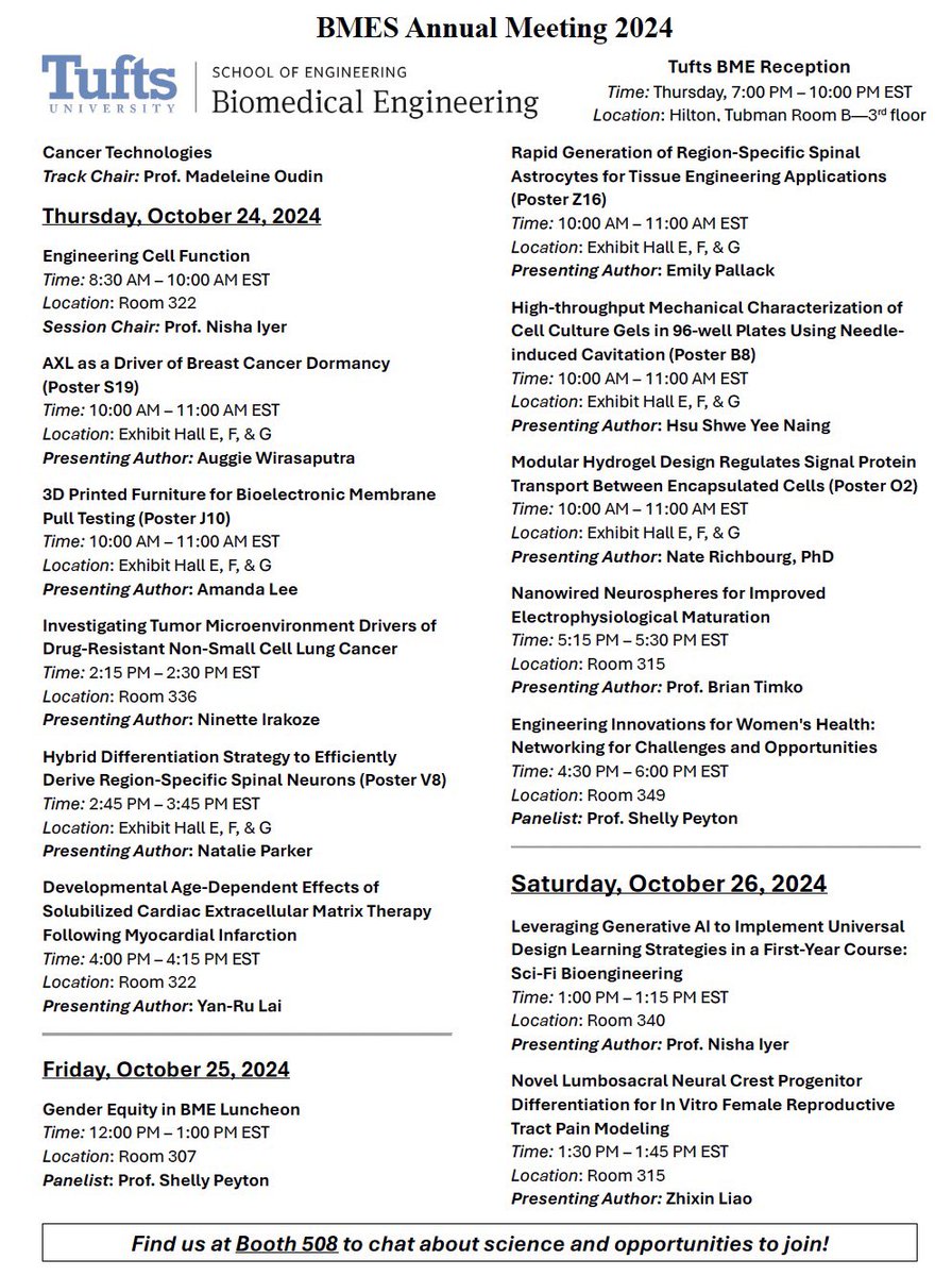 Tufts BME is on it’s way to BMES on Baltimore! Come listen to the exciting research going on in our department, meet with us at our Booth #508 and our reception Thursday evening! See you soon!