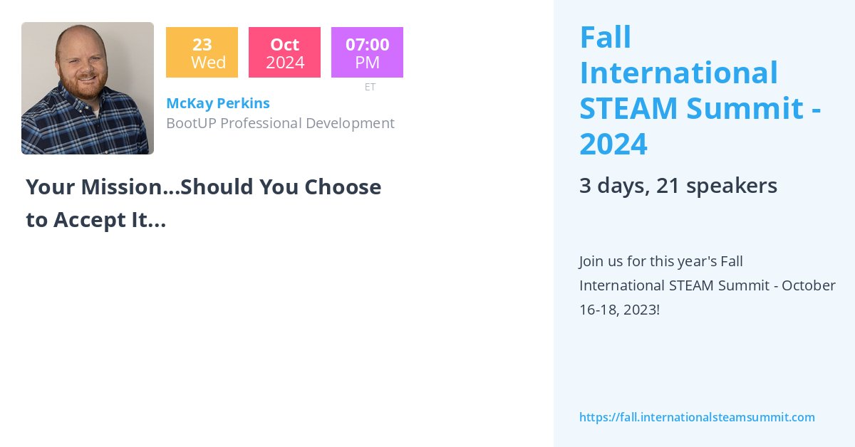 CodingMcKay's tweet image. For anyone interested (especially my public school teacher friends) I have a video about making adventurous narratives to encourage students to engage in learning.  The end products are pretty awesome! Registration: fall.internationalsteamsummit.com/?sc=pLav3Ba5