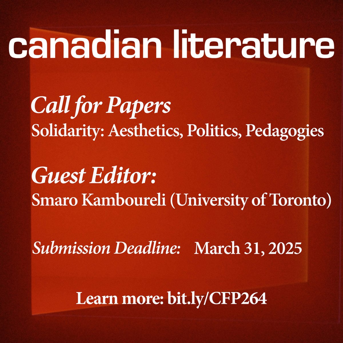 🖊✨ Call for Papers!

We  are now accepting papers between 3,000-5,000 words for a forthcoming  special issue, "Solidarity: Aesthetics, Politics, Pedagogies."

Submission Deadline: March 31, 2025

This issue will be guest edited by Smaro Kamboureli (University of Toronto).
