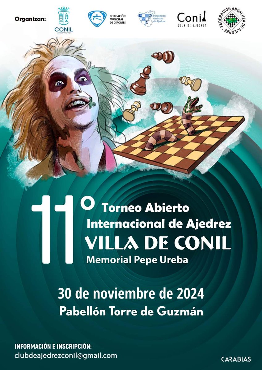 𝟭𝟭º 𝗧𝗼𝗿𝗻𝗲𝗼 𝗔𝗯𝗶𝗲𝗿𝘁𝗼 𝗜𝗻𝘁𝗲𝗿𝗻𝗮𝗰𝗶𝗼𝗻𝗮𝗹 𝗱𝗲 𝗔𝗷𝗲𝗱𝗿𝗲𝘇 𝗩𝗶𝗹𝗹𝗮 𝗱𝗲 𝗖𝗼𝗻𝗶𝗹 – 𝗠𝗲𝗺𝗼𝗿𝗶𝗮𝗹 𝗣𝗲𝗽𝗲 𝗨𝗿𝗲𝗯𝗮 ♟♟♟

📅Sábado 30 de noviembre, 2024 a partir de las 10:00h.

📜Bases del Torneo acortar.link/IcnPfY