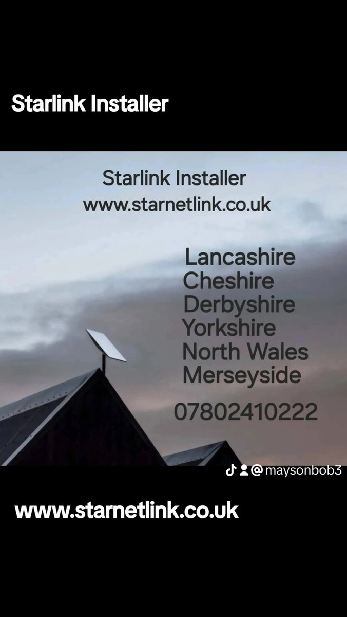 Starlink installation we cover ,Lancashire, Cheshire, Yorkshire, Derbyshire,  North Wales ,Merseyside 
I can find you an installer anywere in the UK 
#starlinkinternet 
#starlinkinstallation 
#starlinkinstaller