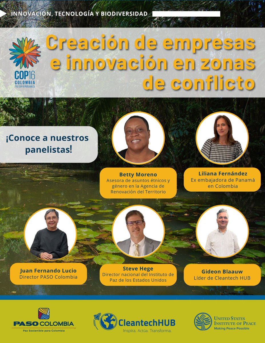 ¡Tecnologías verdes, innovación y paz🌴🍃!. Conoce los panelistas que nos acompañarán junto a <a href="/cleantechhubcol/">CleantechHUB</a> y <a href="/USIP/">U.S. Institute of Peace</a>, este sábado 26 de Octubre, desde las 3 PM, en el auditorio principal de la <a href="/camaracali/">Cámara Comercio Cali</a> . #COP16Cololombia