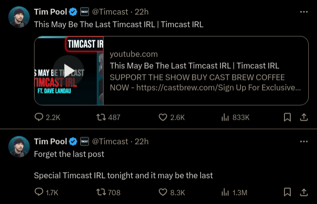 Tim Pool had an IT issue in his studio and is now threatening to fire all his employees and go back to filming rants in his bedroom. As usual, it's all about him and his personal need for attention.