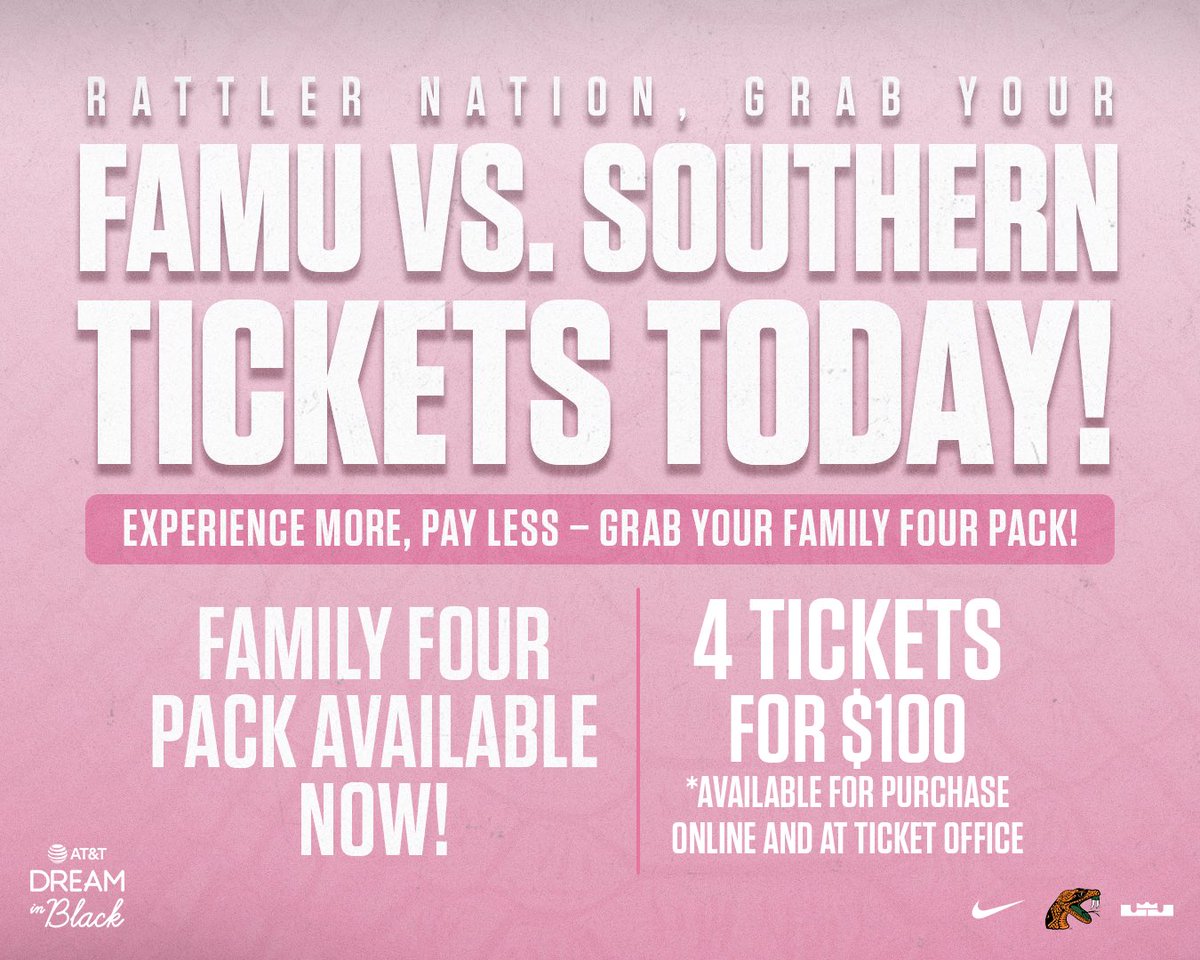 𝗙𝗔𝗠𝗜𝗟𝗬 𝗙𝗢𝗨𝗥 𝗣𝗔𝗖𝗞

Rattler Nation, bring the family to Bragg to help show Southern why we don’t lose in Bragg! 

🎟️ famuathletics.com/southerntickets
⌚️ 10/26, 7 PM

#FAMU | #FAMUly | #Rattlers | #FangsUp 🐍