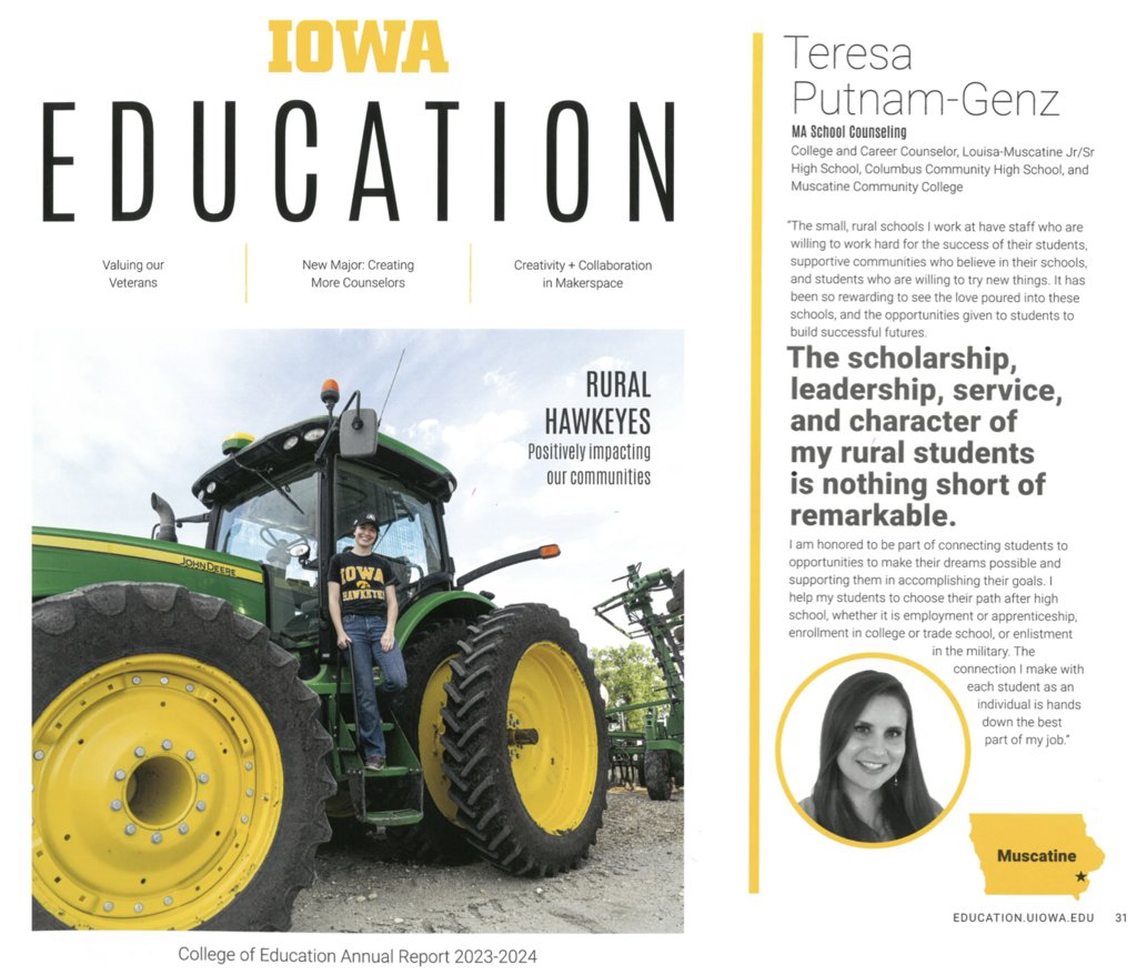 Congrats to Columbus CSD's Mrs. Theresa Putnam-Genz on her Alumni Spotlight in Iowa's College of Ed Annual Report. Columbus CSD is honored to have Mrs. Putnam-Genz, and blessed to have staff  and community who work hard to give students opportunities to build successful futures!