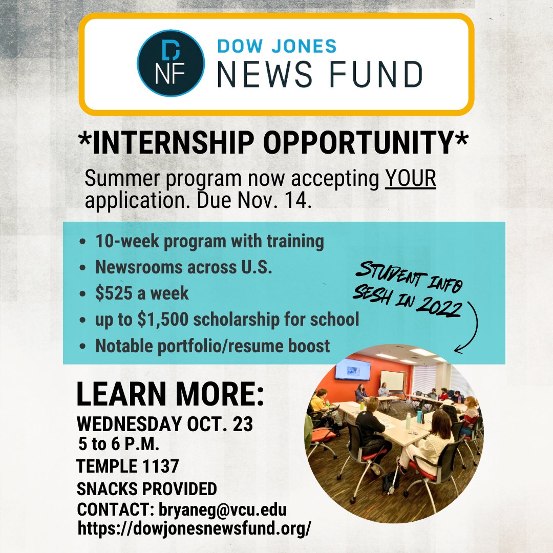 Mass comm students interested in a 2025 summer internship with the Dow Jones News Fund can learn how to apply at an Oct. 23 info session, from 5-6 p.m. in Temple 1137.  Deadline is Nov. 14. dowjonesnewsfund.org/djnfinternship…