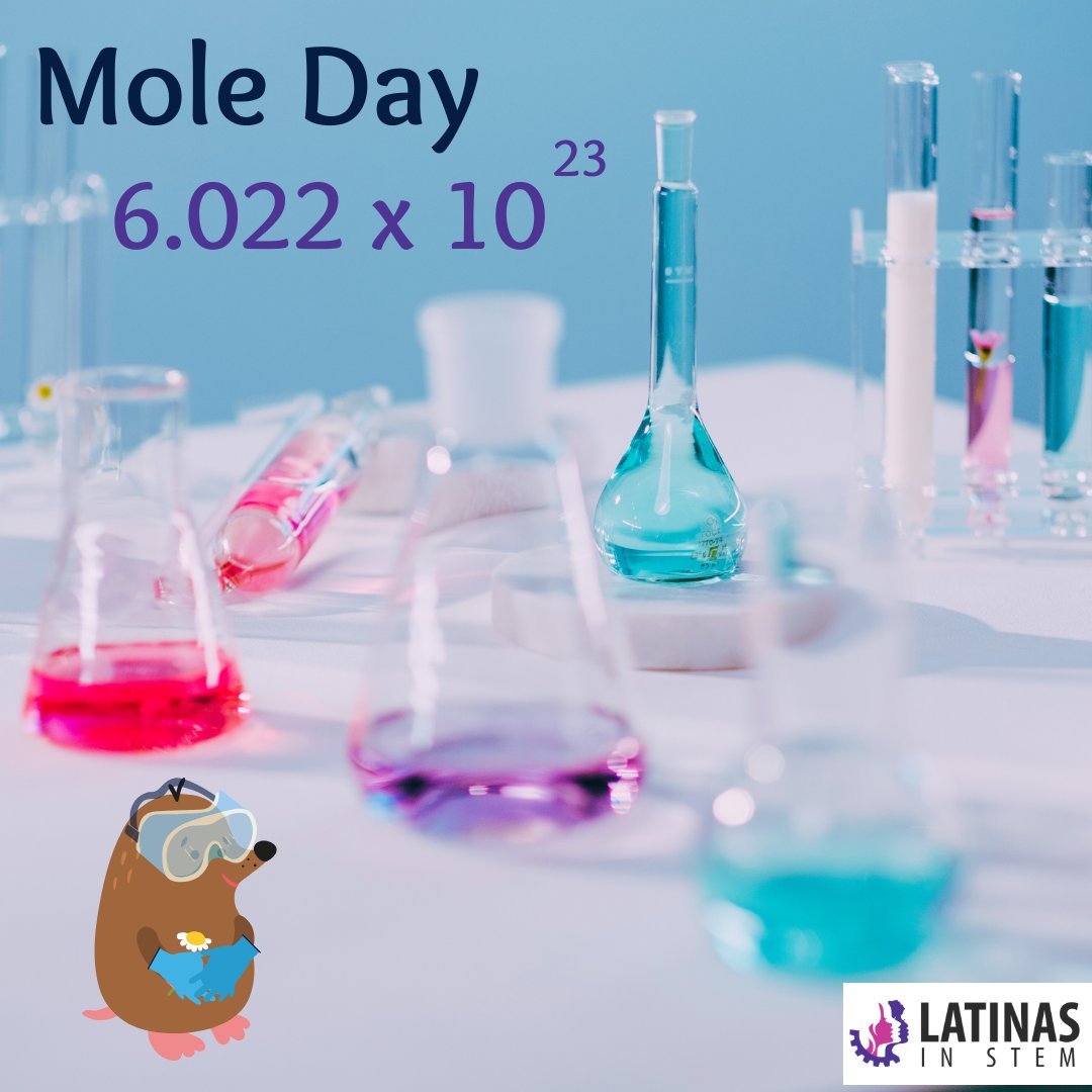 LatinasinSTEM's tweet image. Today is #moleday, 6.022x10^23! A mole is a measurement of unit in chemistry. 1 mole of a substance is equal to 6.022x10^23 molecules/atoms of the substance. Instead of saying there are 6.02x10^23 molecules of water in the jar, we say there is 1 mole of water in the jar.
#STEM