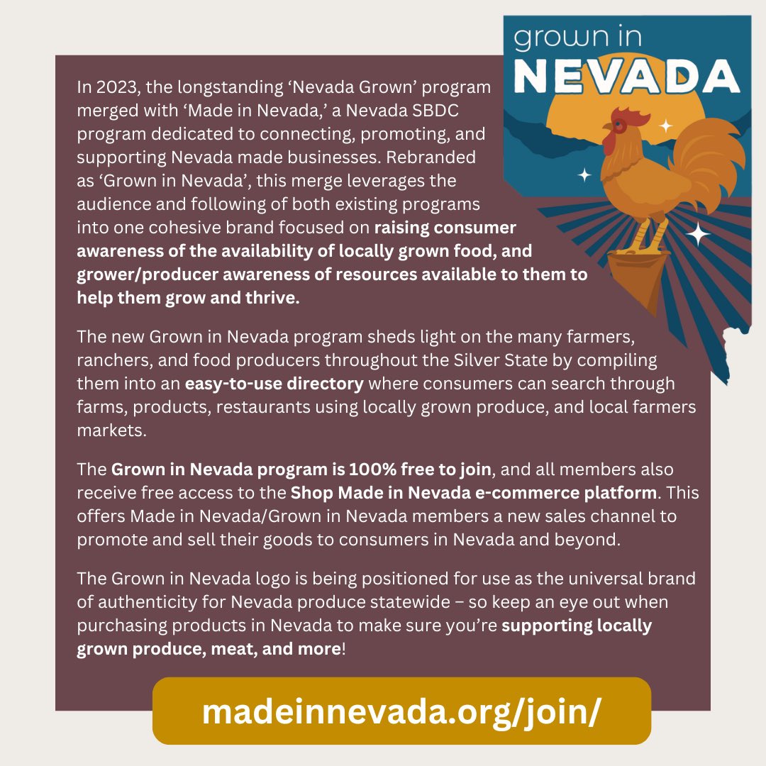 📣 Partner Spotlight: Nevada Small Business Development Center

As a partner, <a href="/NevadaSBDC/">Nevada SBDC</a> is committed to assisting small and mid-sized farmers, ranchers, and producers. Key Initiatives include the ‘Made in Nevada’ program as well as its sister program, ‘Grown in Nevada.’