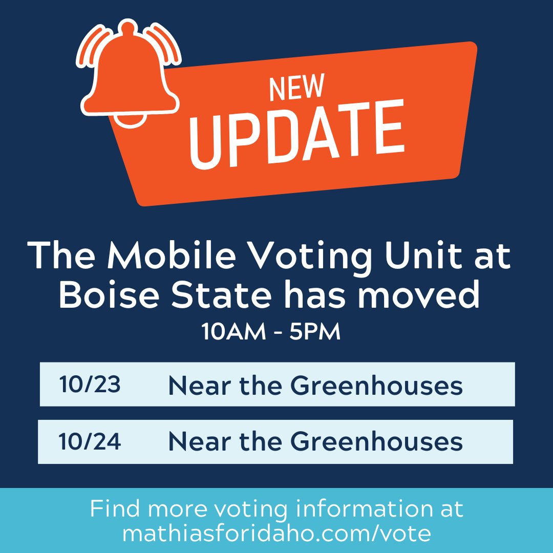 The location for the Boise State Mobile Voting location has changed!

⏰ 10- 5 on Wed and Thurs
📍Near the Greenhouses
📍2101 W Cesar Chavez Ln. 
📍Between the Science and Multi-Purpose Buildings  

Avoid election days lines and lock in your vote at your convenience.