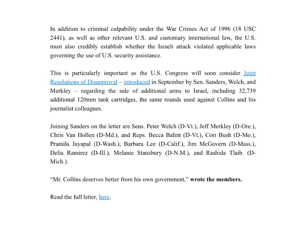 More than a year ago, an Israeli tank fired on a group of clearly marked journalists, killing one and wounding six others, including an American from Vermont. There have been no steps toward accountability.

Today, my colleagues and I are demanding an independent investigation.