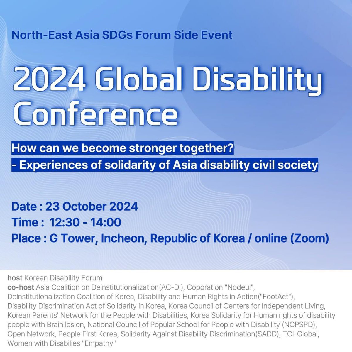 Join us for a side-event tomorrow organized by the KDF &amp; co-hosted by TCI-Global titled 2024 Global Disability Conference during the North East Asia SDGs Forum by UNESCAP

Webinar Details:
Date: Wednesday, October 23 
Time: 12:30 PM KST 
Joining link: lnkd.in/ecPSsPnW